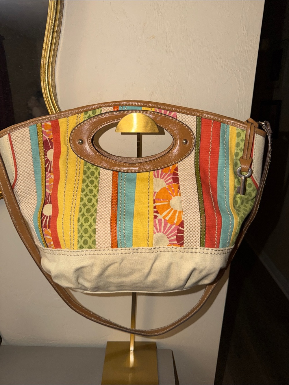 Fossil Multicolor Striped Canvas Shoulder Bag with Leather Trim